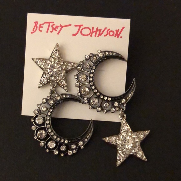 Betsey Johnson Silver & Gunmetal Tone Moon & Star Mismatch Drop Earrings NWT - Picture 14 of 15